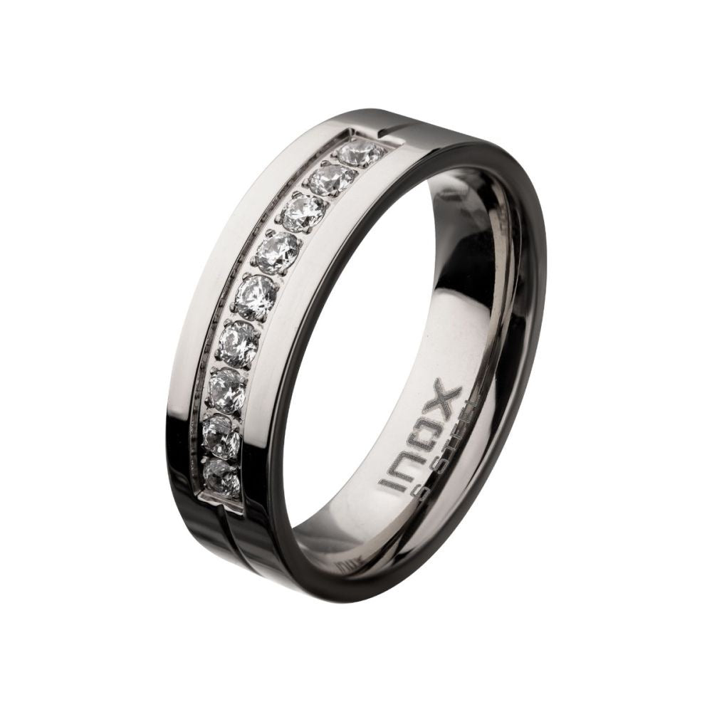 Stainless Steel Polished Steel Comfort-Fit Band with CZ's in Bead Channel Setting Ring