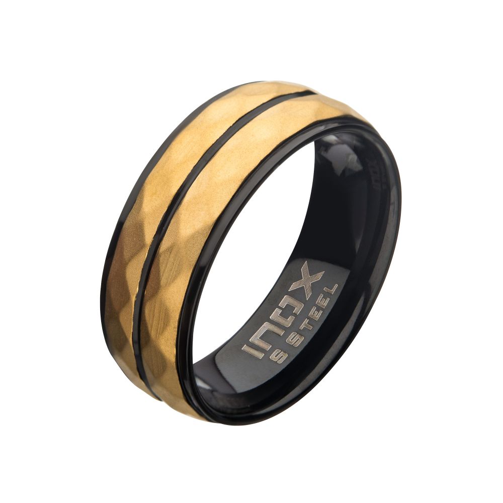 Stainless Steel with Matte Black & Gold IP Double Hammered Ring