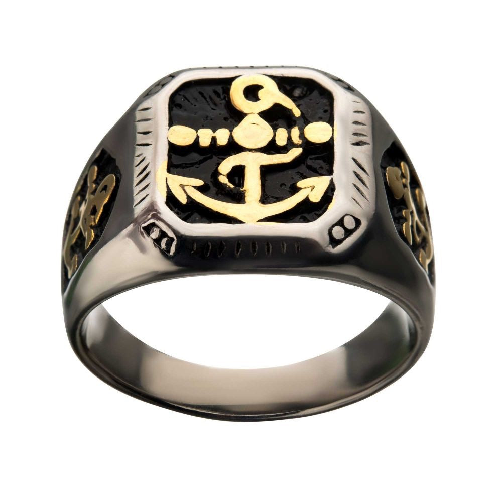 Stainless Steel Black Oxidized & Gold IP with Vintage Anchor Signet Rings