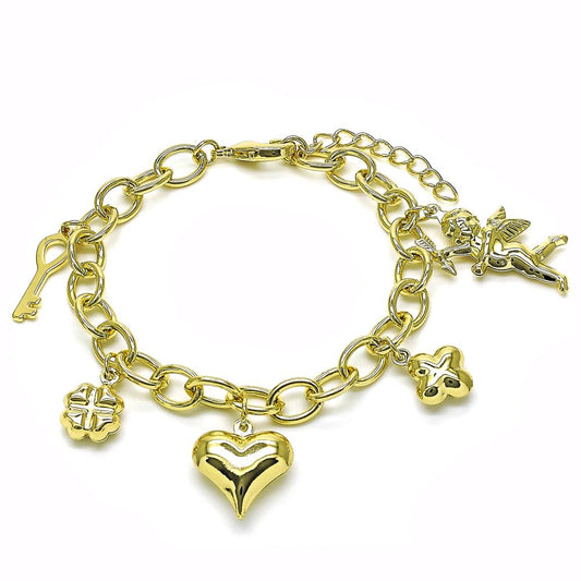 Laminated gold bracelet with heart, flower.