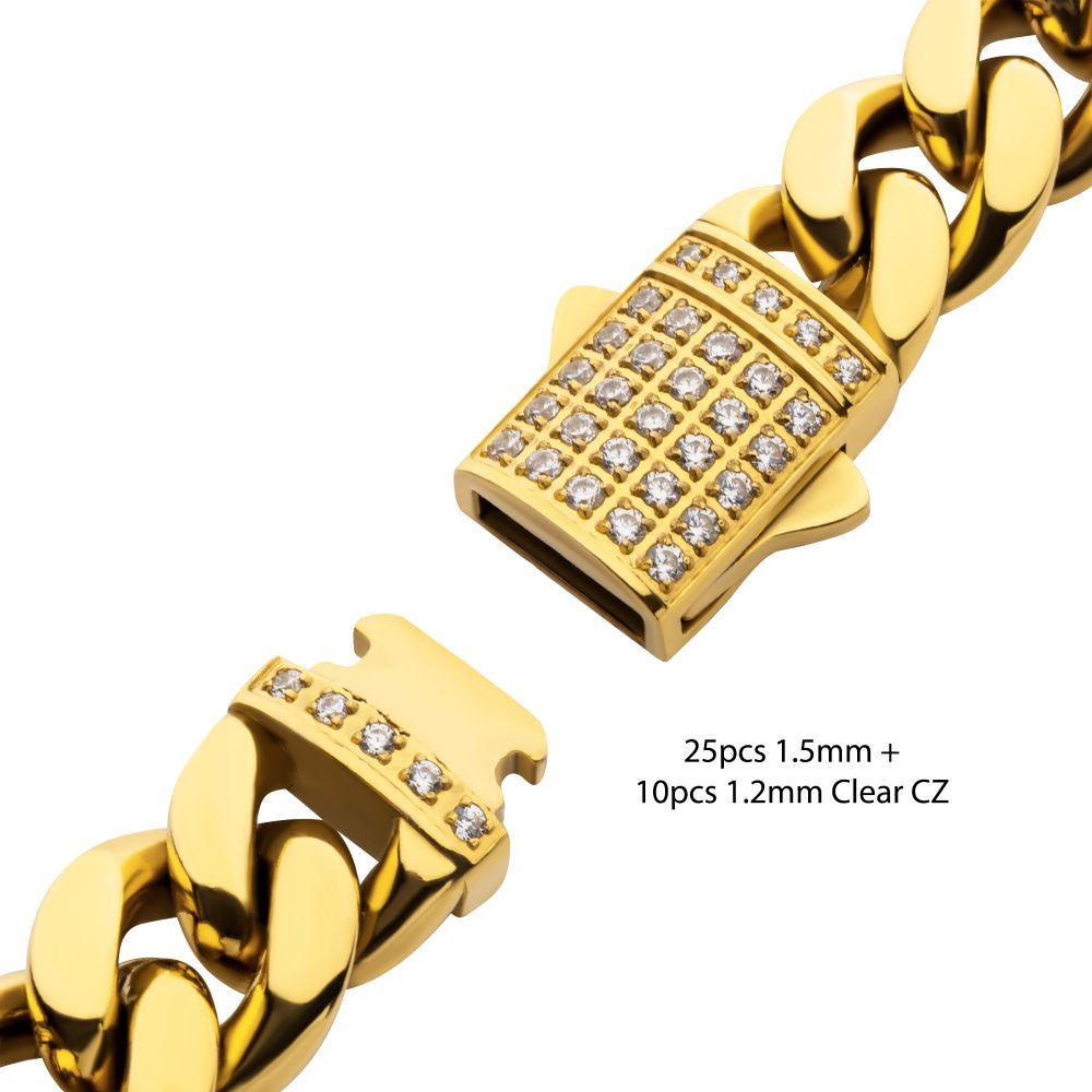 10mm 18Kt Gold IP Miami Cuban Chain Bracelet with CNC Precision Set CZ Double Tab Box Clasp