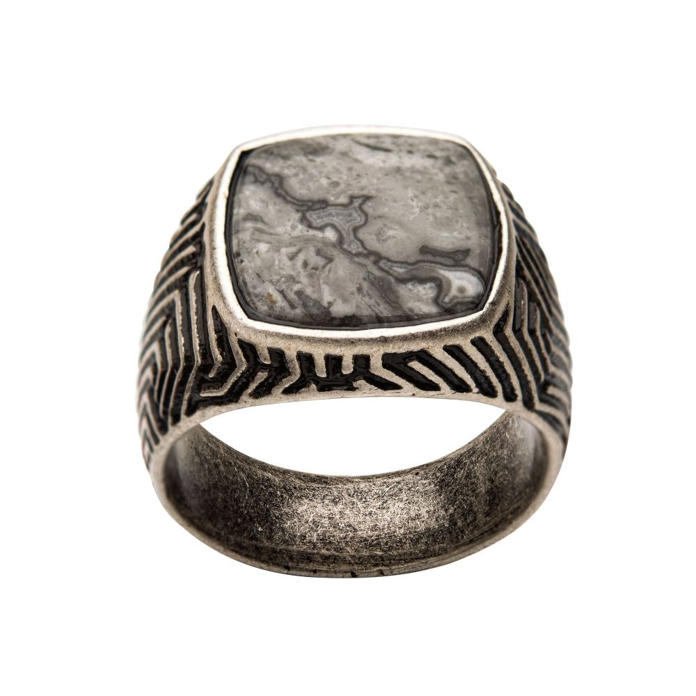 Stainless Steel Silver Plated with Gray Jasper Stone Ring