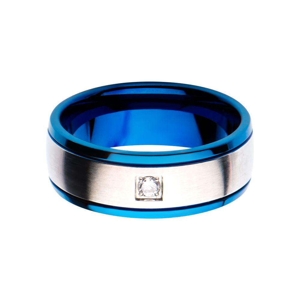 Steel & Blue IP with Clear CZ Polished Ring