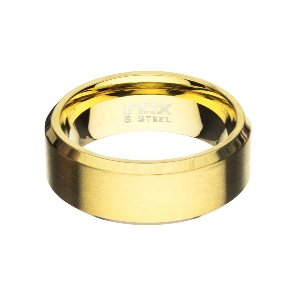 8mm Matte Finish 18Kt Gold IP Steel Beveled Comfort Fit Ring