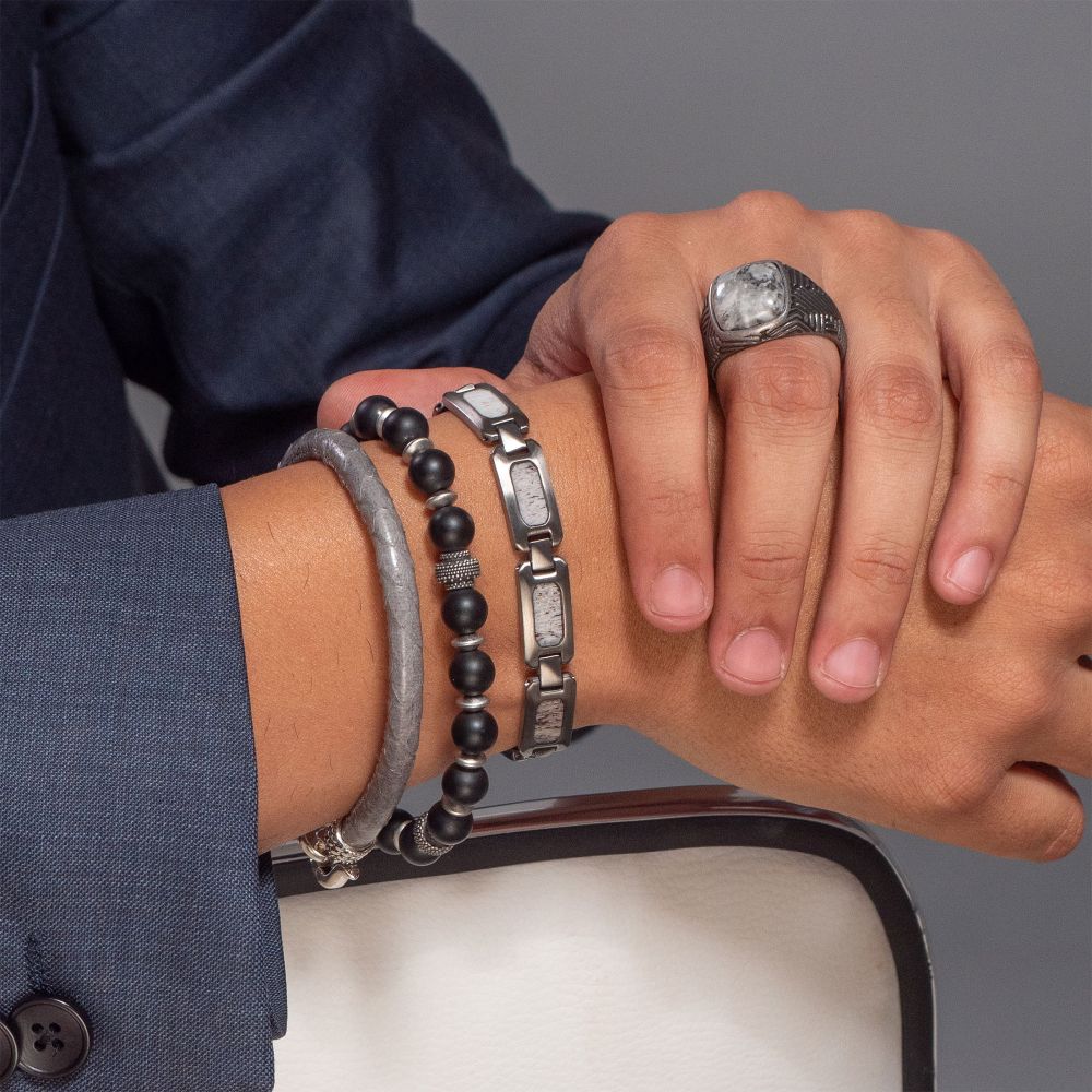 Stainless Steel Silver Plated with Gray Jasper Stone Ring