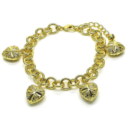 Bracelet with heart and flower pendant charms in laminated gold.