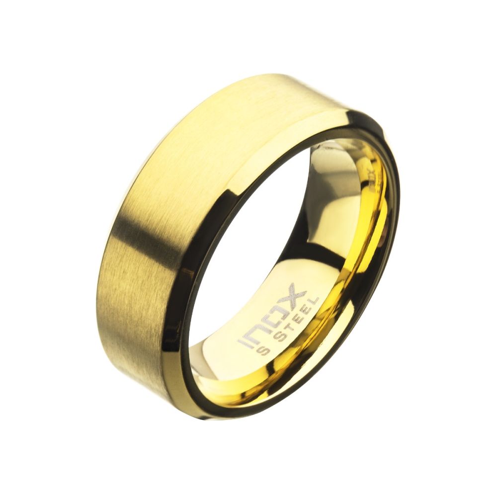 8mm Matte Finish 18Kt Gold IP Steel Beveled Comfort Fit Ring