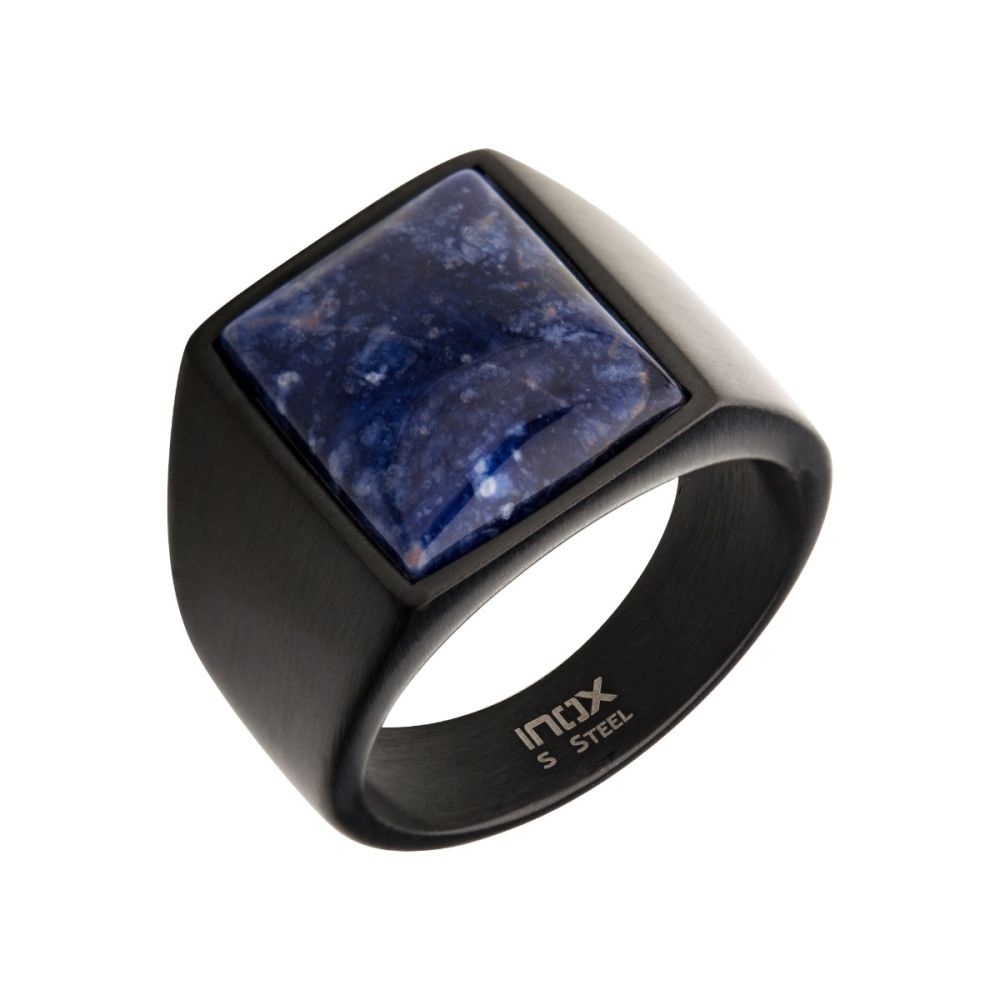 Stainless Steel Matte Black IP Signet Rings with Polished Sodalite