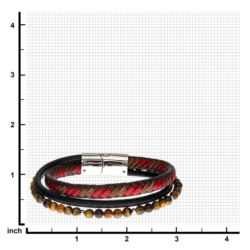 Tiger Eye Beads with Brown & Red Full Grain Cowhide Leather Layered Bracelet