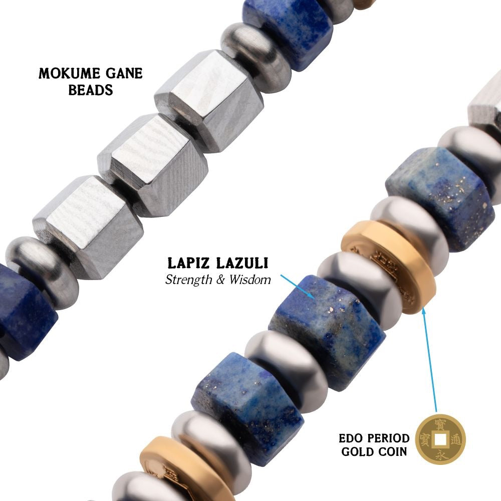 8mm Mokume Gane and Lapis Lazuli Beads Bushido Virtue Bracelet - MEIYO: Honor