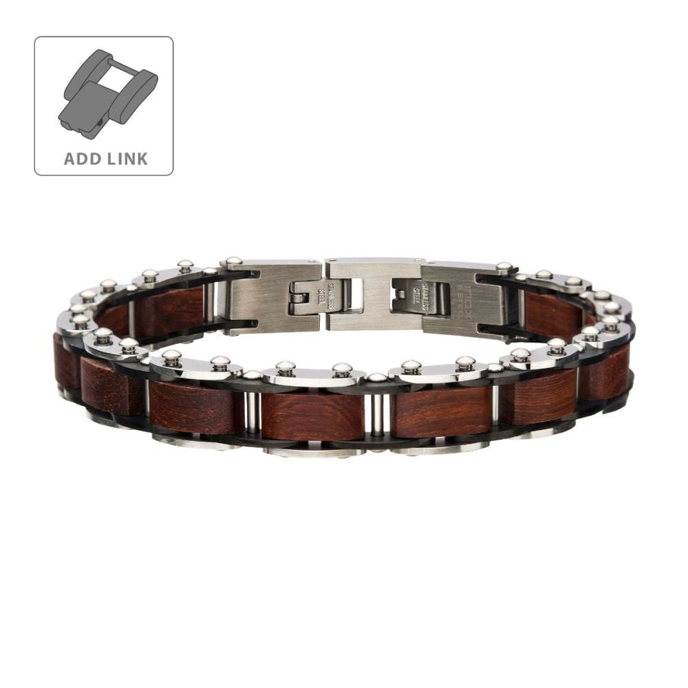 Stainless Steel with Red Sandal Wood Link Bracelet