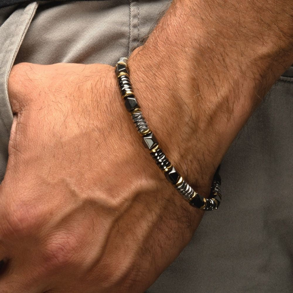 INOX- Black & Gold Hematite Beads Bracelet with Hinged Steel Hook Clasp