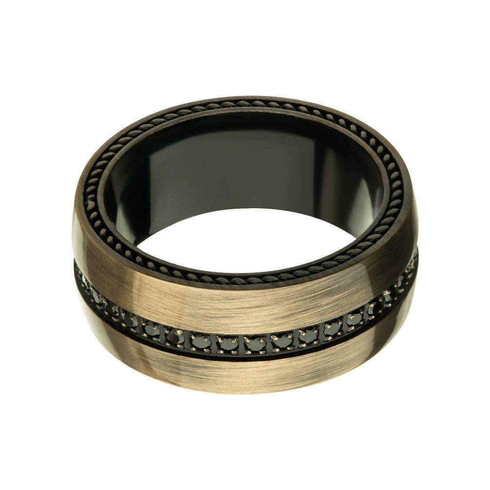 Stainless Steel Antique IP with Black CZ in the middle Ring