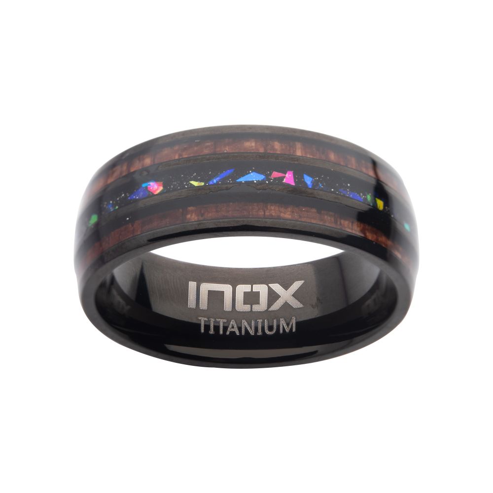 Titanium Black IP Wood & Opal Inlay Ring