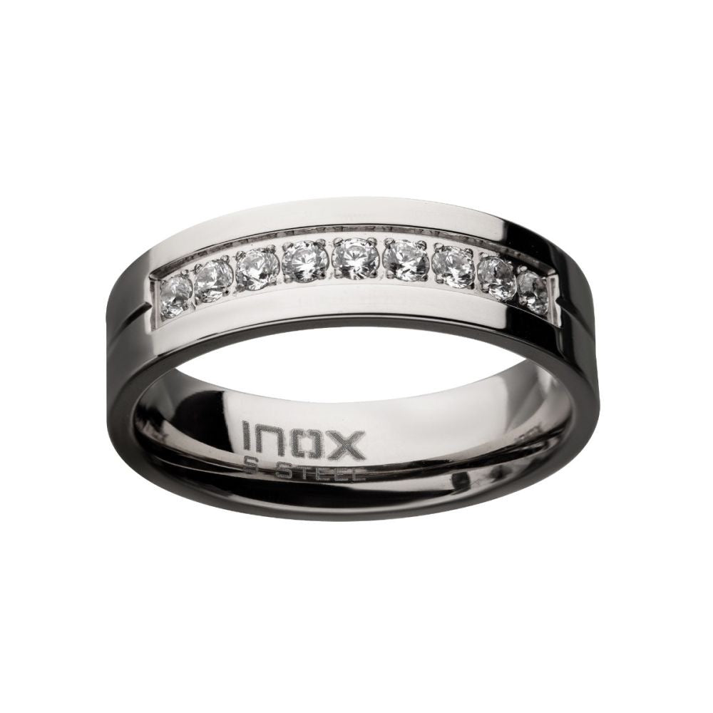 Stainless Steel Polished Steel Comfort-Fit Band with CZ's in Bead Channel Setting Ring