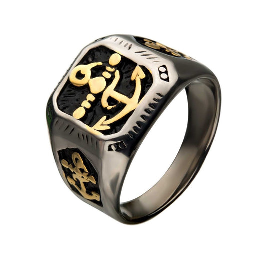 Stainless Steel Black Oxidized & Gold IP with Vintage Anchor Signet Rings