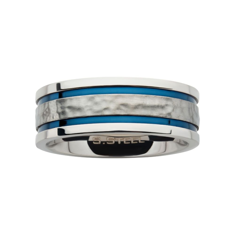 8mm Hammered Steel Center Comfort Fit Ring with Thin Blue IP Lines