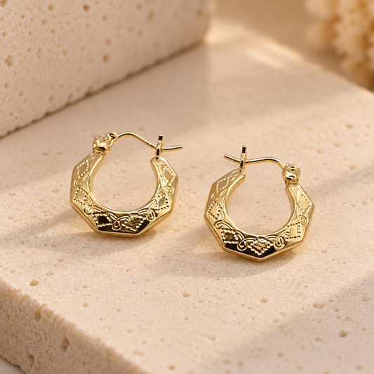 Argolla Oro 10kt Octagonal con Grabado Floral