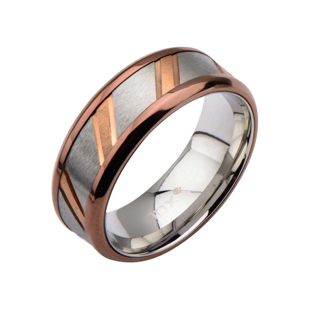 Rose Gold IP & Steel Ring with Diagonal Lines