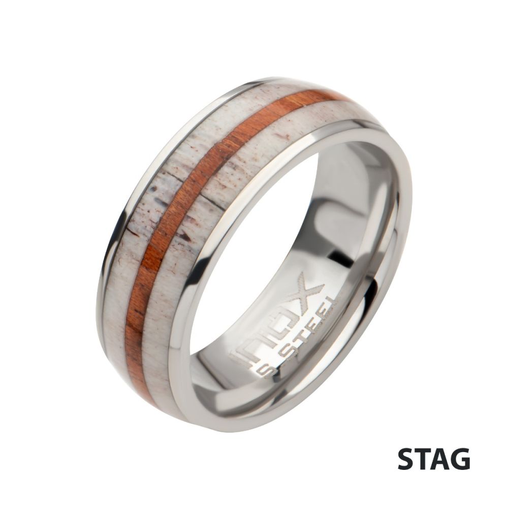 Stainless Steel Deer Antler Sapele Wood Inlay Stag Comfort Fit Ring