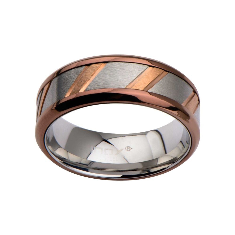 Rose Gold IP & Steel Ring with Diagonal Lines