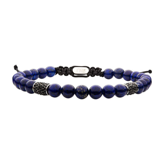 Stainless Steel Beads with Black CZ & Lapis Stone Bead Adjustable, Non-Braided Bracelet