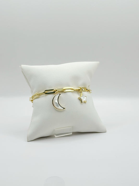 Pulsera Paperclip, Charm Media Luna y Estrella Madre Perla, Plata 925, 14kt Rhodium Plated