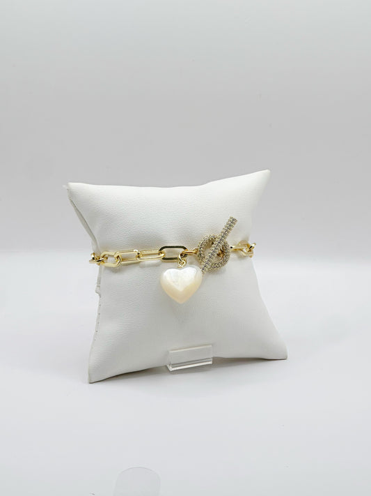 Pulsera Paperclip, Charm Corazón Madre Perla, Cierre Zirconia Fancy Plata 925, 14kt Rhodium Plated