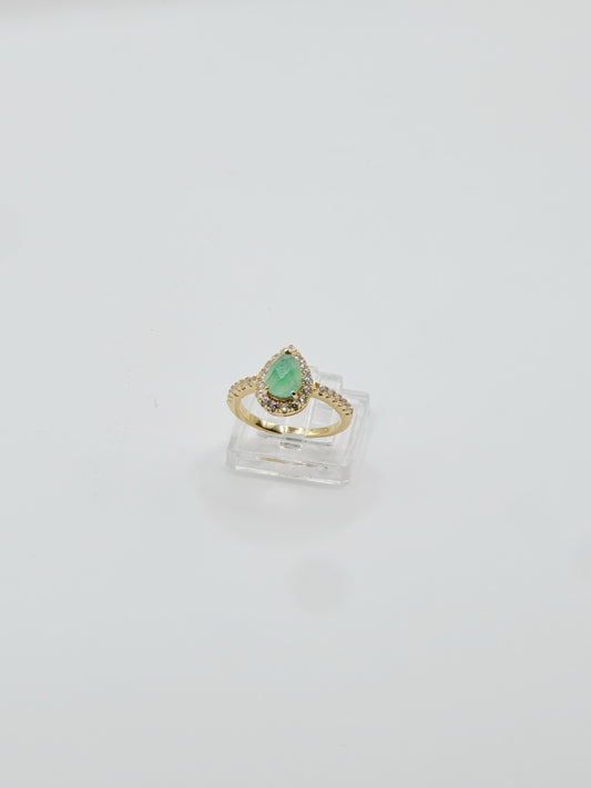 Sortija de Mujer, White Zirconia & Green Agate Duo, Size 7, Gold Plated, Plata 925