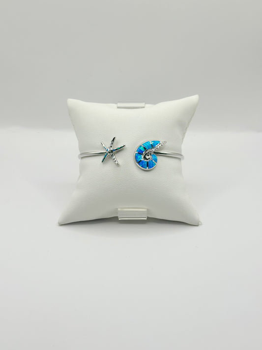 Pulsera Cuff, Caracol y Estrella de Mar, Larimar, Plata 925