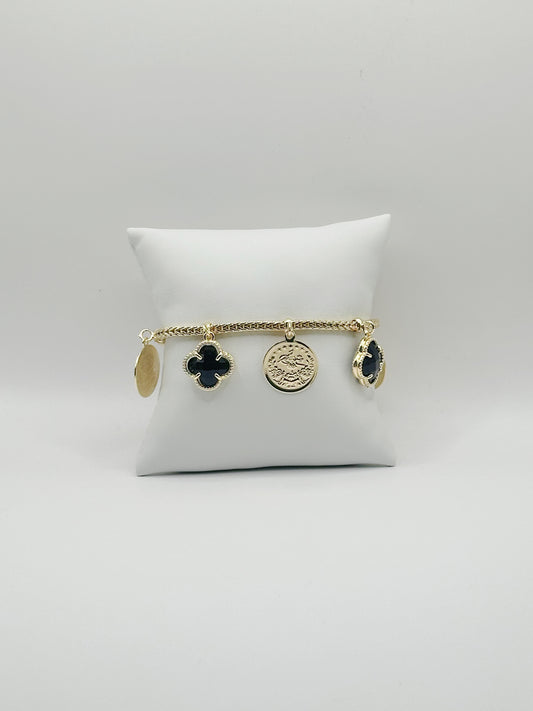 Black Clover and Coin Charm Micro Paved Bracelet Gold Filled