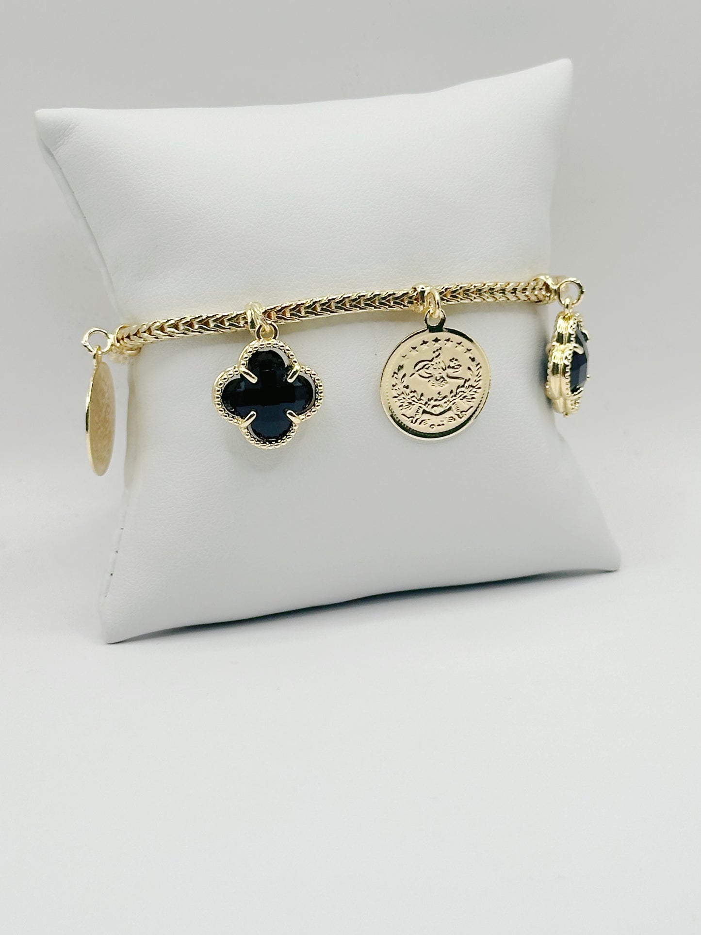 Black Clover and Coin Charm Micro Paved Bracelet Gold Filled