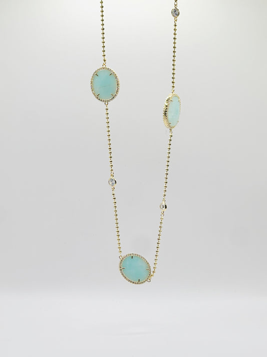 Collar Largo, Piedra Amazonite , Zirconias, Gold Plated Plata 925