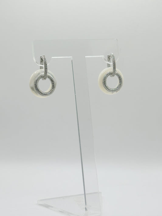 Pantallas Hoops Charm Círculo Madre Perla, White Zirconia, In and Out, Plata 925, Rhodium Plated