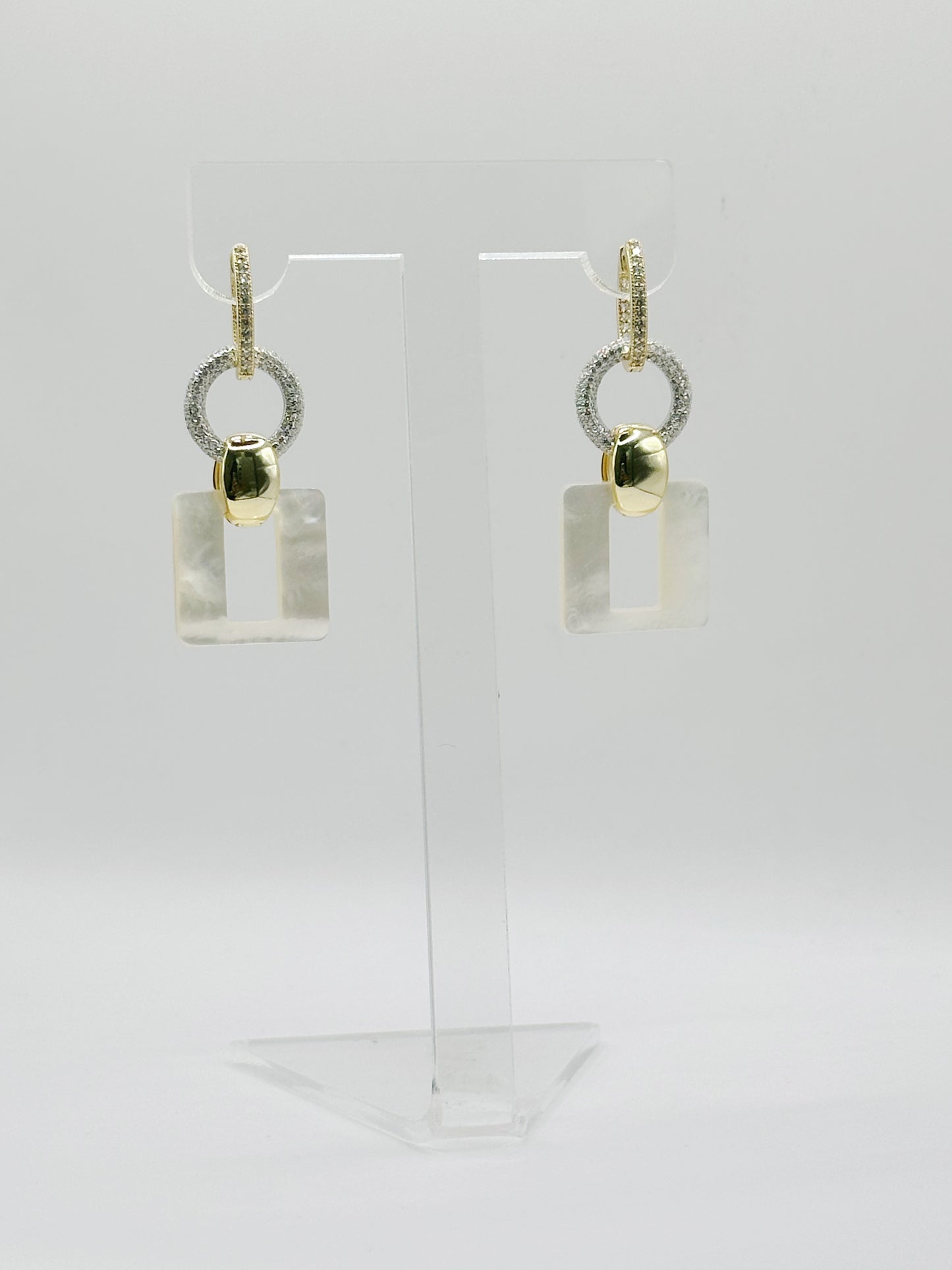 Pantallas Hoops,Charm Cuadrado Madre Perla, White Zirconia, In and Out, Plata 925, Gold Plated