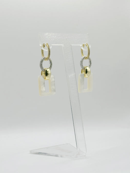 Pantallas Hoops,Charm Cuadrado Madre Perla, White Zirconia, In and Out, Plata 925, Gold Plated