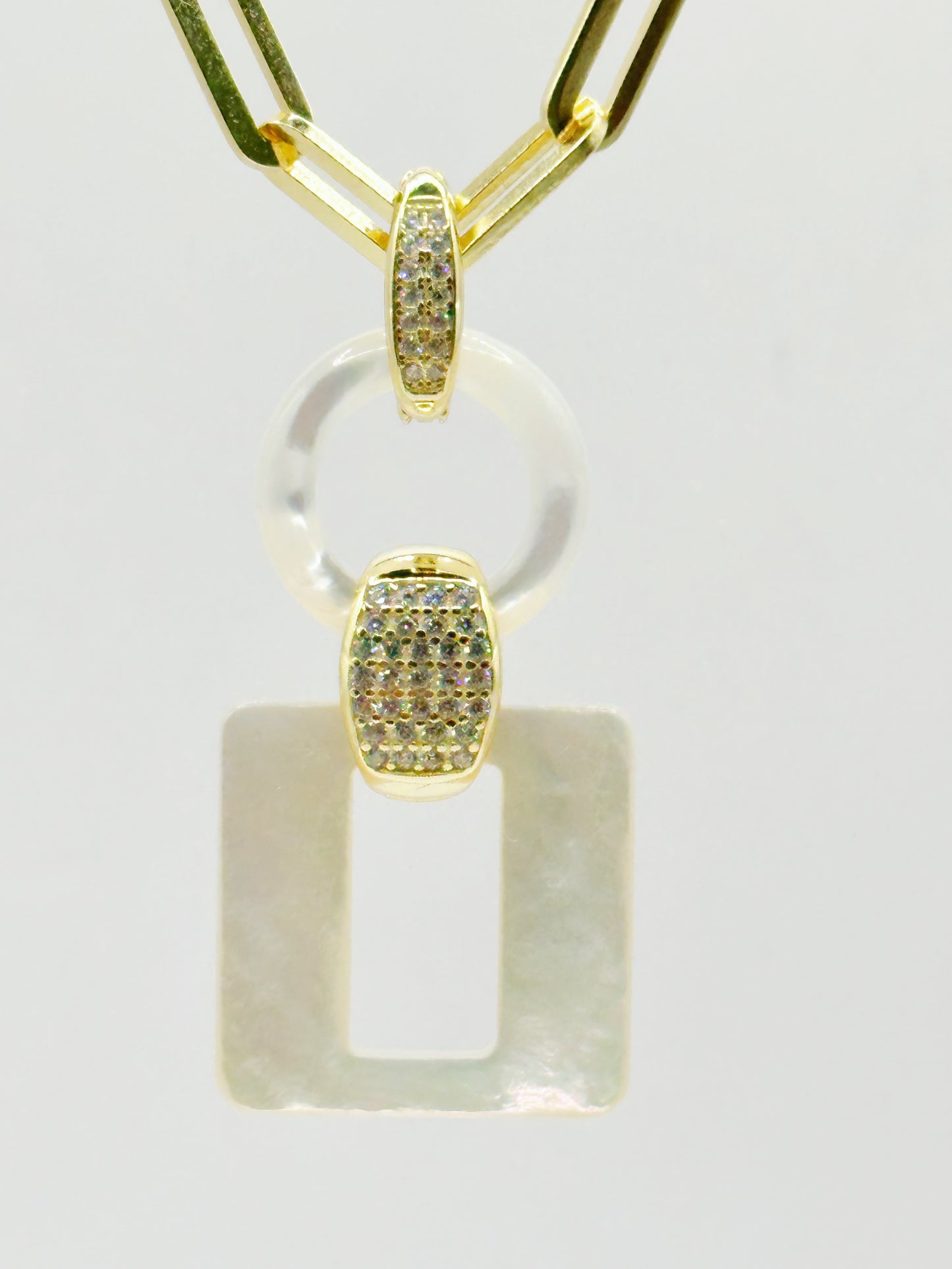 Cadena Paper Clip, Charm Cuadrado Madre Perla, White Zirconia, Plata 925, Gold Plated