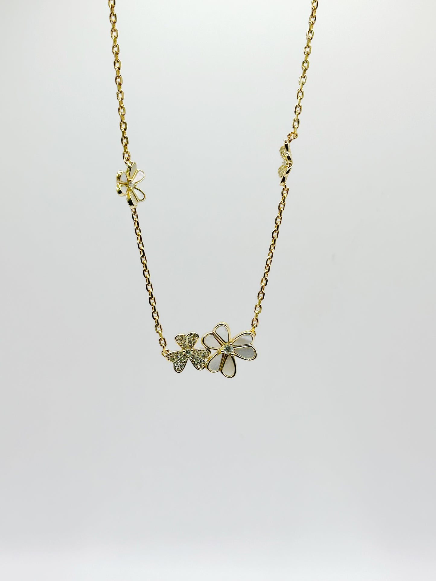 Cadena Flor, Madre Perla, White Zirconia, Plata 925, Gold Plated