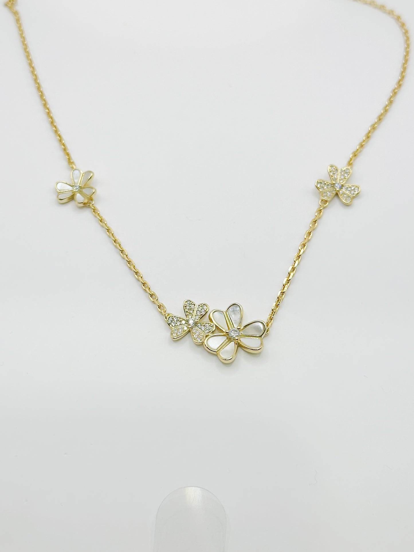 Cadena Flor, Madre Perla, White Zirconia, Plata 925, Gold Plated