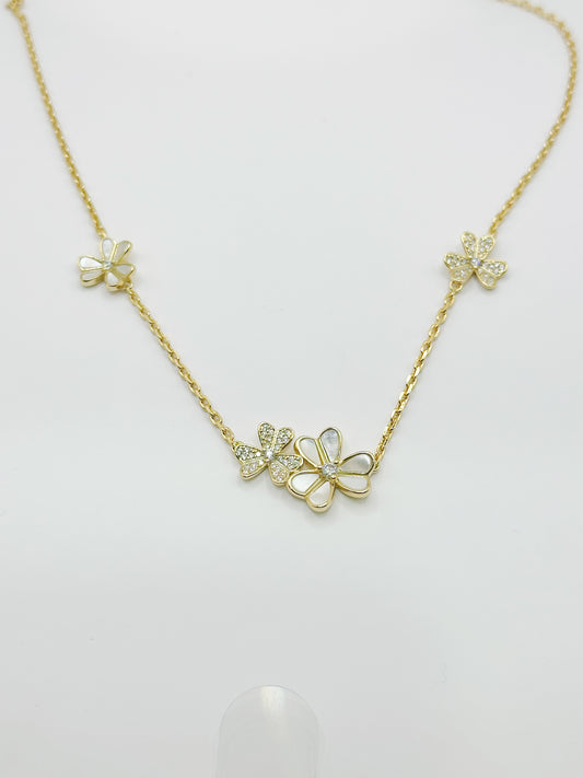 Cadena Flor, Madre Perla, White Zirconia, Plata 925, Gold Plated