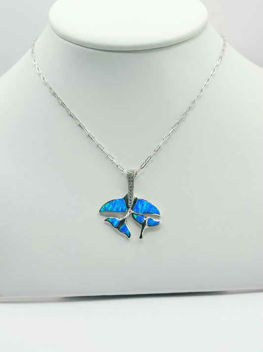 Cadena Paper Clip, Charm Whale Tail Ópalo Azul y Zirconias Blanca, Plata 925, Rhodium Plated