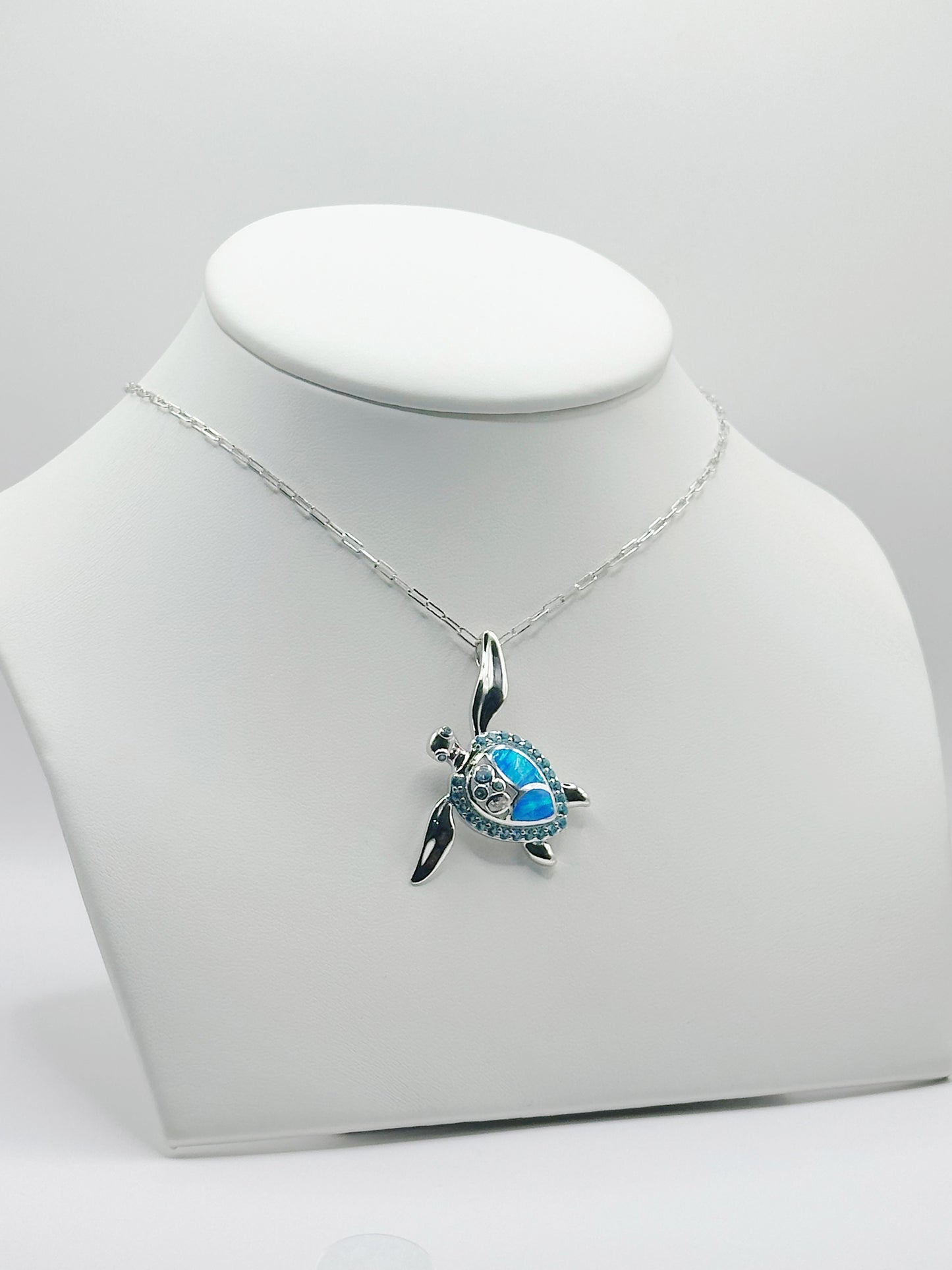 Cadena Paper Clip, Charm Tortuga Tail Ópalo Azul y Topaz Sky Blue y Zirconias Blanca , Plata 925, Rhodium Plated