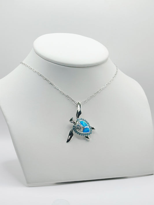 Cadena Paper Clip, Charm Tortuga Tail Ópalo Azul y Topaz Sky Blue y Zirconias Blanca , Plata 925, Rhodium Plated