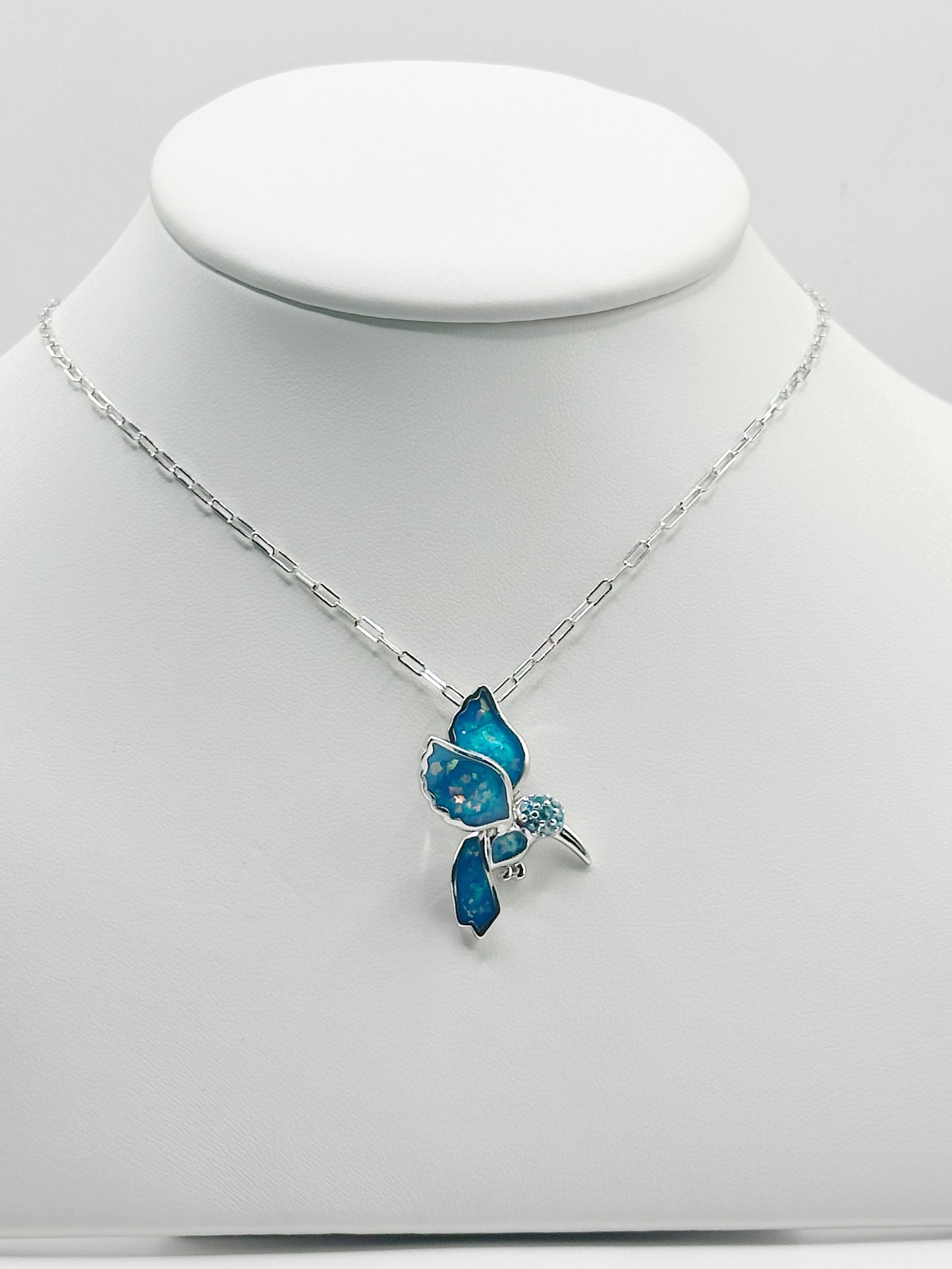 Cadena Paper Clip, Charm Enamel Colibrí Azul y Topaz Sky Blue, Plata 925, Rhodium Plated