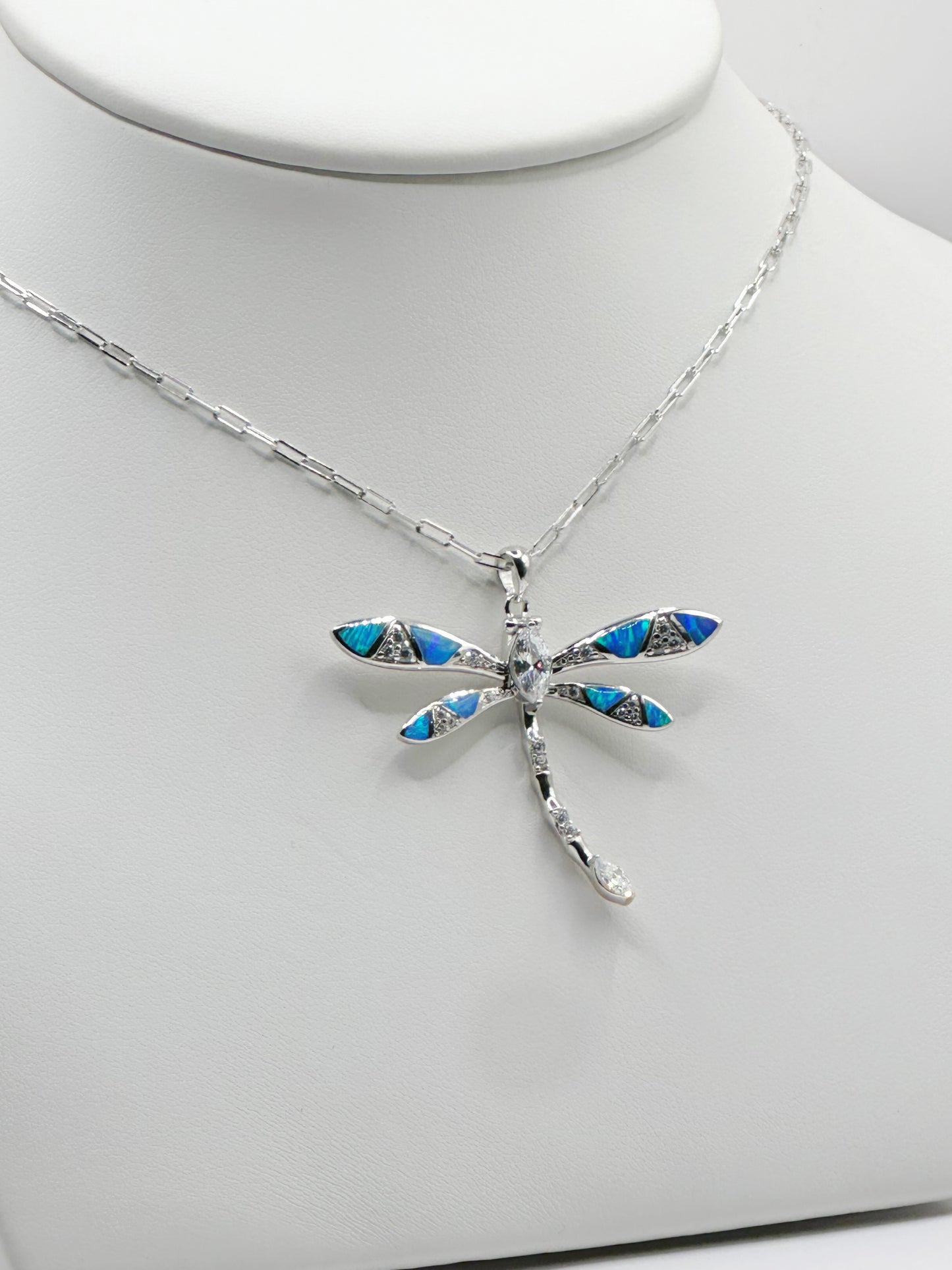 Cadena Paper Clip, Charm Libélula Ópalo Azul y Zirconia Blanca, Plata 925, Rhodium Plated