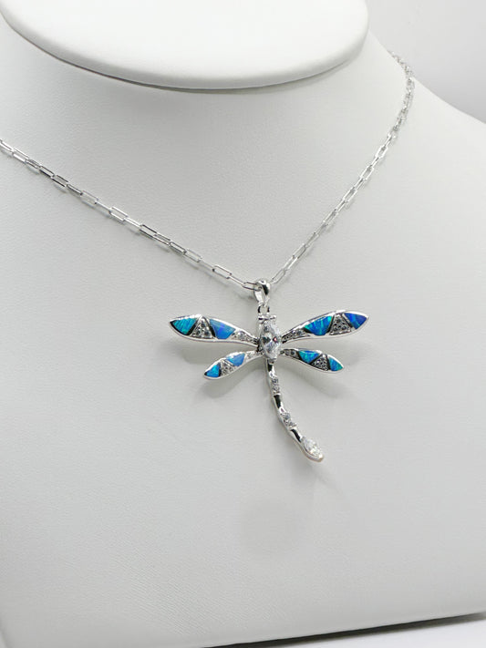 Cadena Paper Clip, Charm Libélula Ópalo Azul y Zirconia Blanca, Plata 925, Rhodium Plated