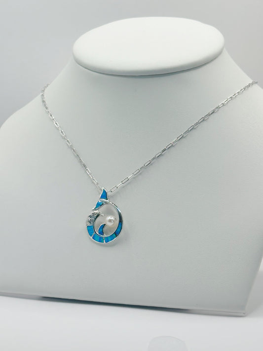 Cadena Paper Clip, Charm Dolphin Tail con Ópalo Azul y Perla, Plata 925, Rhodium Plated