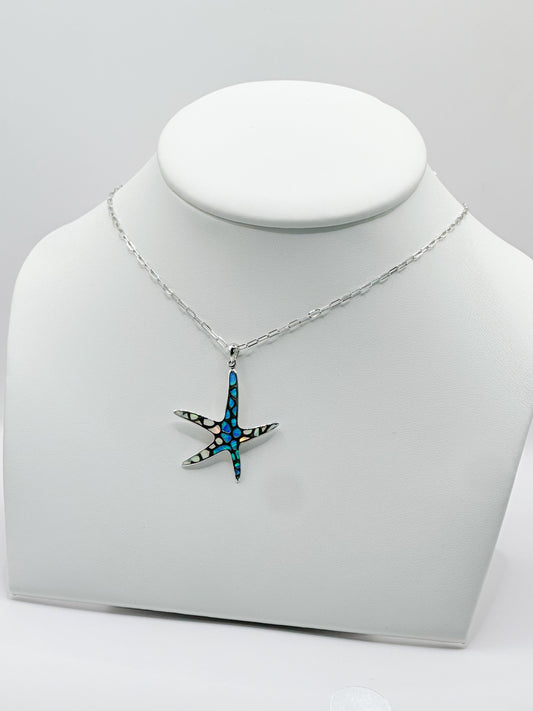 Cadena Paper Clip, Charm Estrella de Mar con Ópalo Azul y Blanco, Plata 925, Rhodium Plated