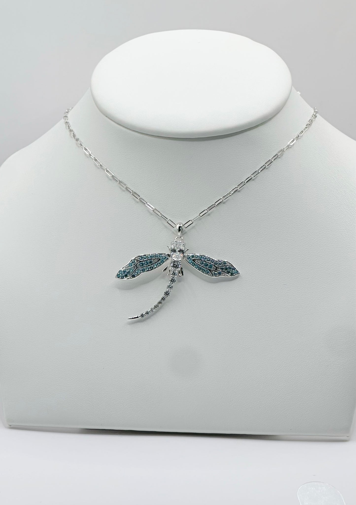 Cadena Paper Clip, Charm Libélula con Topaz Sky Blue y Zirconia Blanca, Plata 925, Rhodium Plated