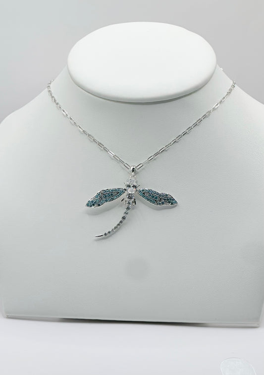 Cadena Paper Clip, Charm Libélula con Topaz Sky Blue y Zirconia Blanca, Plata 925, Rhodium Plated